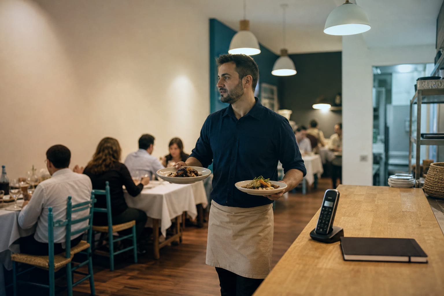 Un camarero cruza el comedor de un restaurante con dos platos en plena cena, junto a la barra donde un teléfono inalámbrico espera en su base al lado de una libreta cerrada.