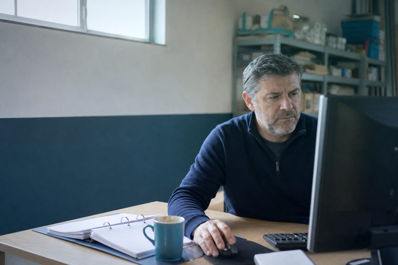 El responsable de una pequeña empresa de instalaciones mira concentrado la pantalla de su ordenador en el rincón de oficina de su nave, con una carpeta de anillas abierta y una taza de café sobre la mesa.