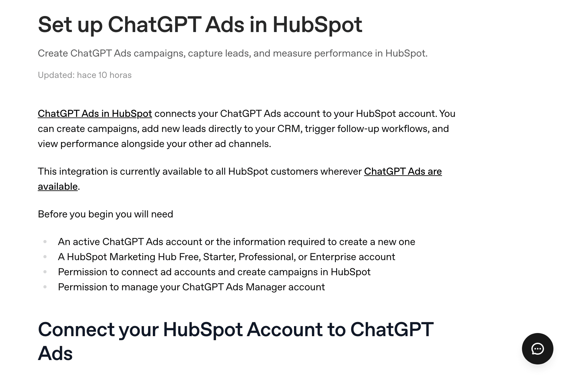 Captura de la ayuda de ChatGPT Ads titulada «Set up ChatGPT Ads in HubSpot», con la frase de que la integración está disponible para todos los clientes de HubSpot allí donde haya ChatGPT Ads y el requisito de una cuenta de Marketing Hub Free o superior