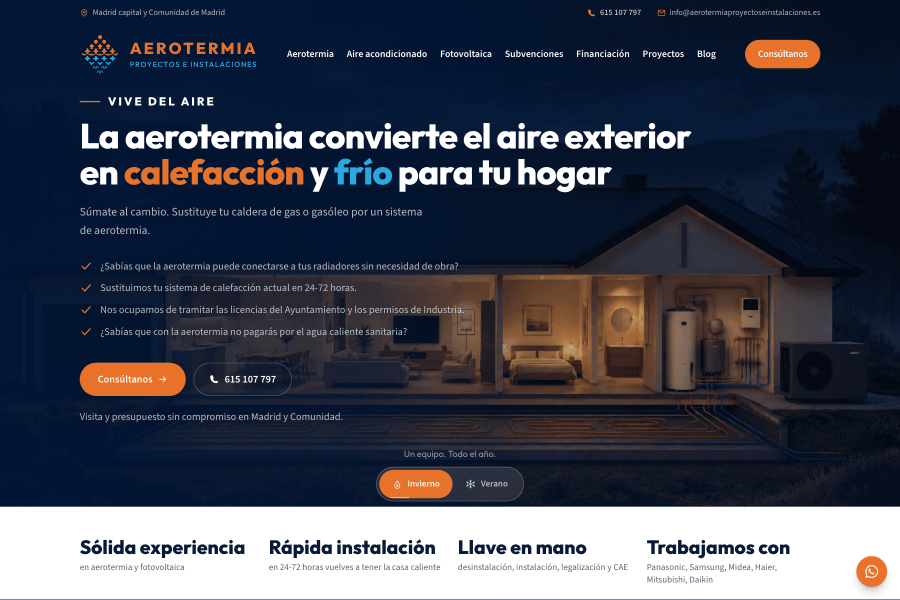 Cabecera de la web de Aerotermia Proyectos e Instalaciones, con el menú de Aerotermia, Aire acondicionado, Fotovoltaica, Subvenciones, Financiación, Proyectos y Blog sobre la imagen en corte de una vivienda con la máquina exterior y el acumulador
