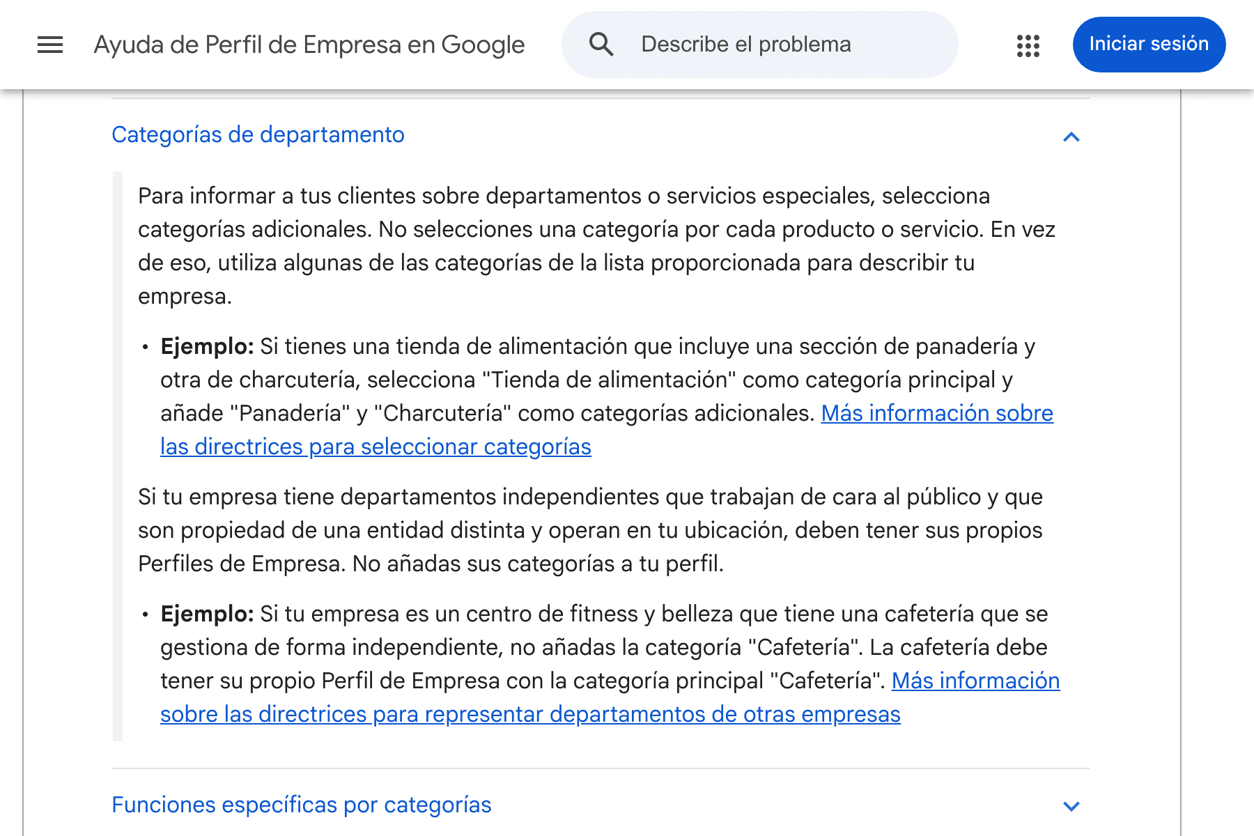 Sección «Categorías de departamento» de la ayuda de Perfil de Empresa en Google, desplegada, con el ejemplo de la tienda de alimentación que añade «Panadería» y «Charcutería» como categorías adicionales