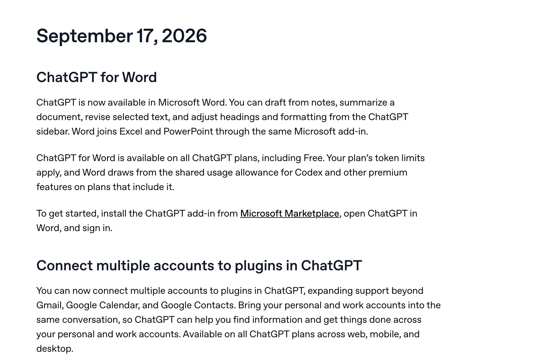 Captura de las notas de versión de ChatGPT en el Centro de Ayuda de OpenAI, con el epígrafe del 17 de septiembre de 2026 titulado «ChatGPT for Word» y la frase de que está disponible en todos los planes, incluido el gratuito, con los límites de tokens del plan