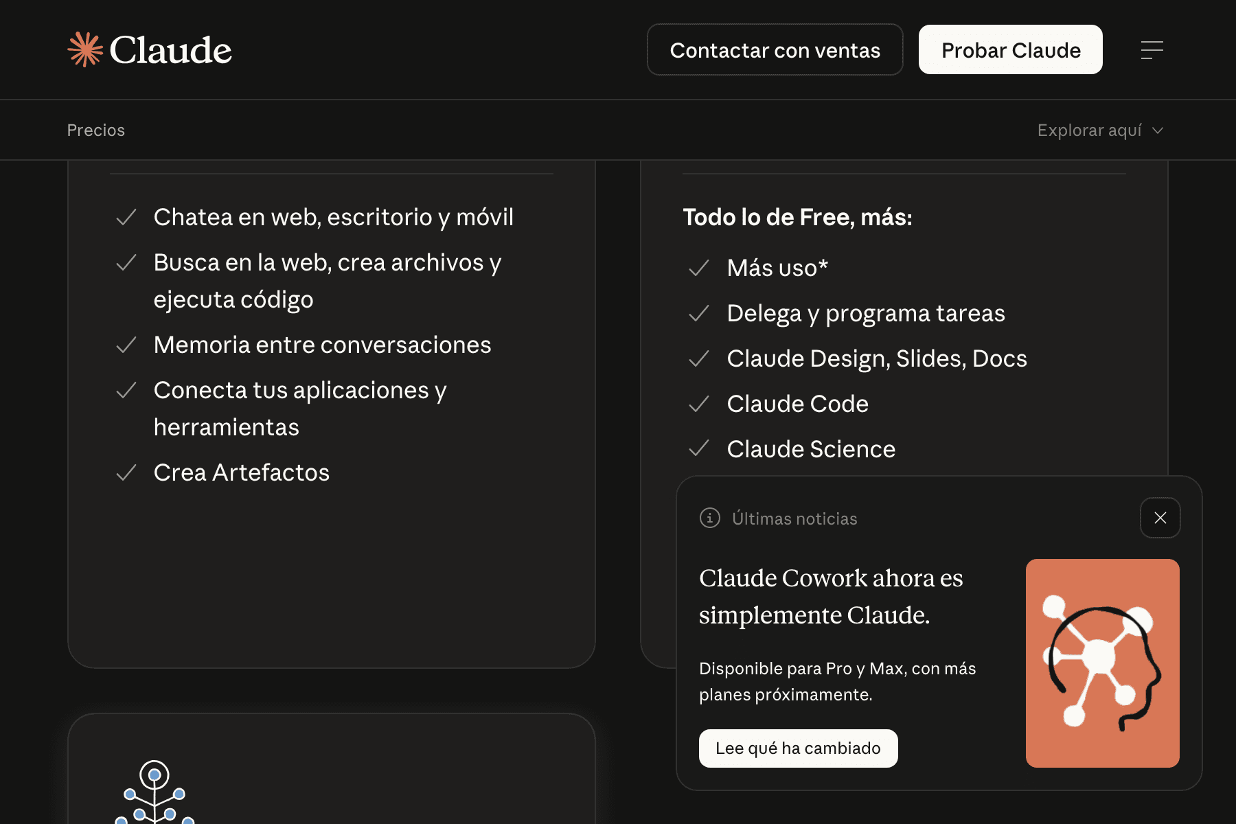 Captura de la página de precios de Claude servida en España, con el plan Pro detallando «Delega y programa tareas» y «Claude Design, Slides, Docs» entre lo que añade sobre el plan Free, y el aviso «Claude Cowork ahora es simplemente Claude. Disponible para Pro y Max, con más planes próximamente»