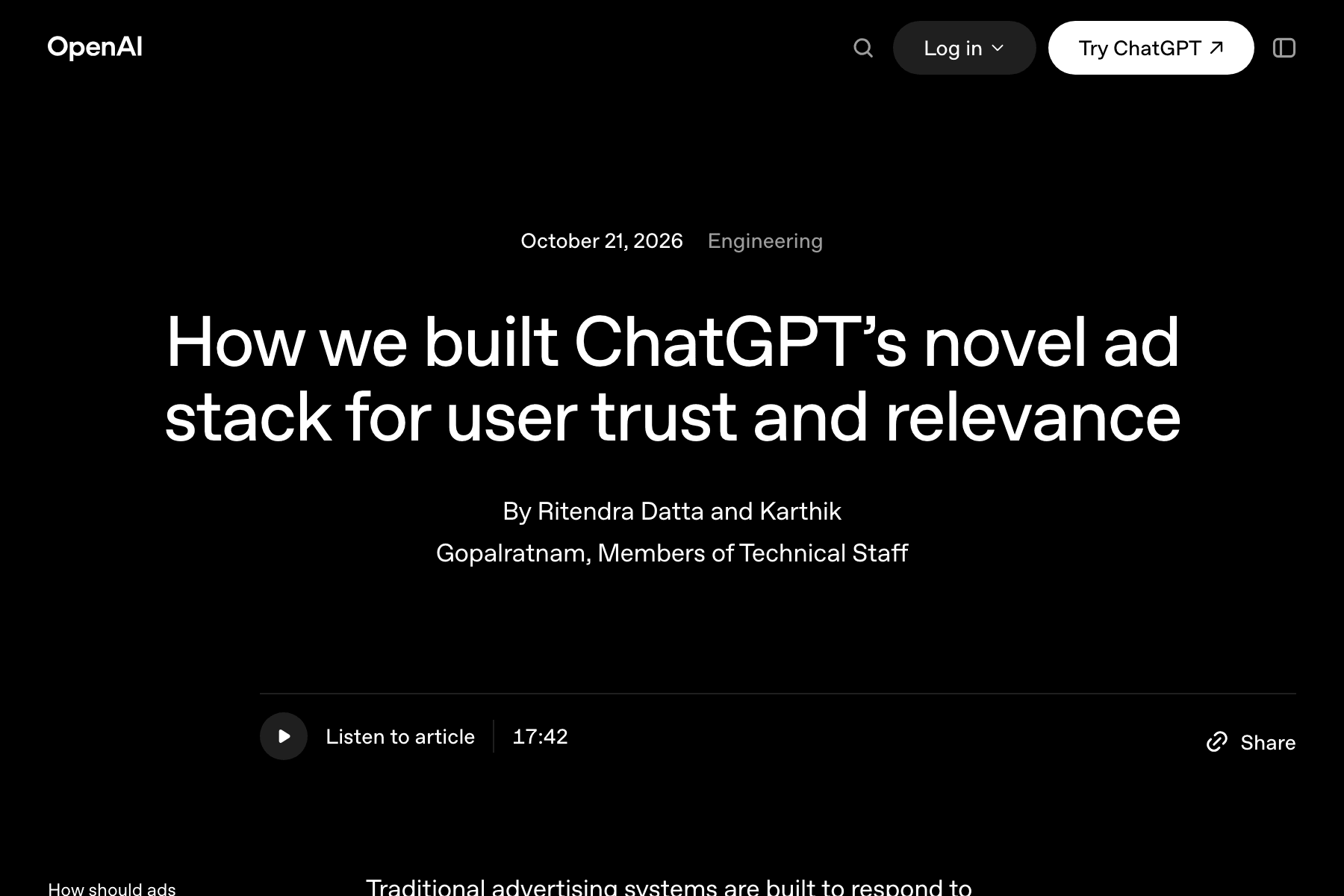 Captura de la cabecera de una entrada del blog de OpenAI en modo oscuro: logotipo de OpenAI arriba a la izquierda, botones «Log in» y «Try ChatGPT» a la derecha, la fecha «October 21, 2026» con la etiqueta «Engineering», el titular en inglés «How we built ChatGPT’s novel ad stack for user trust and relevance», la firma de Ritendra Datta y Karthik Gopalratnam y el reproductor «Listen to article» de 17:42.
