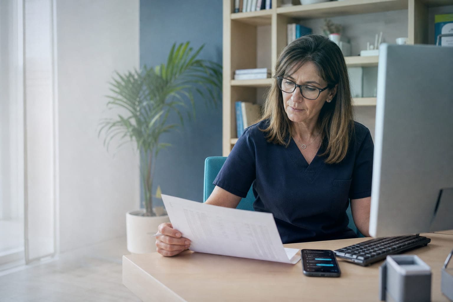 Una mujer con uniforme sanitario azul marino y gafas lee un documento impreso en su mesa, con el móvil apoyado junto al teclado mostrando una conversación de mensajes y un monitor encendido a la derecha.