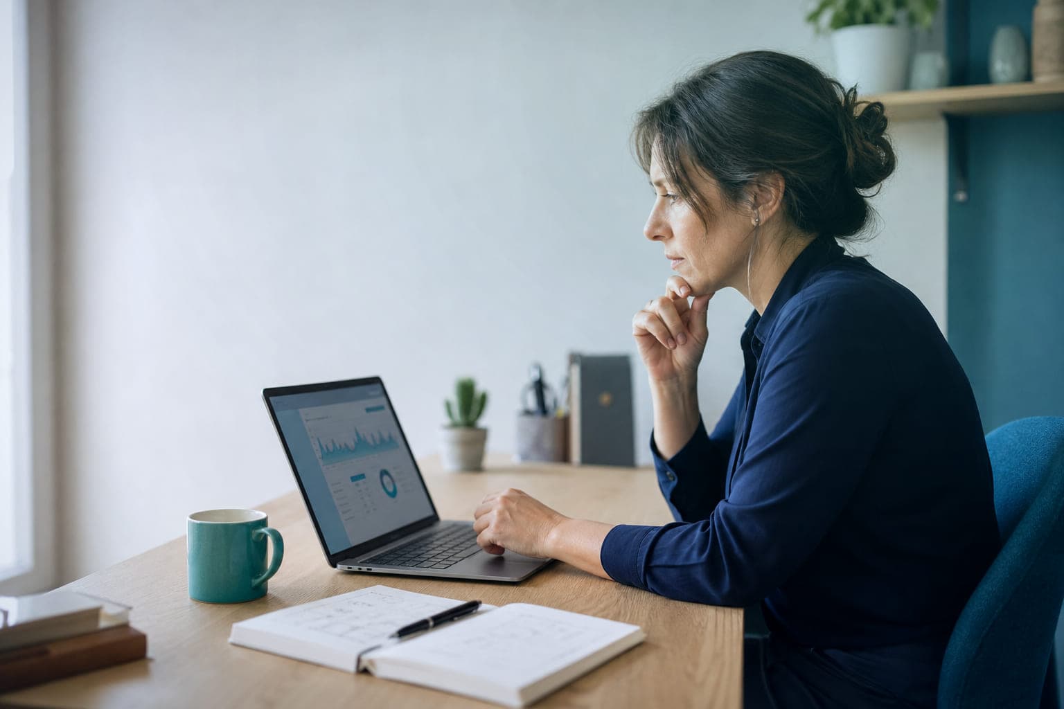 La dueña de una pequeña empresa revisa en su portátil las visitas de su web, con una libreta de notas al lado.
