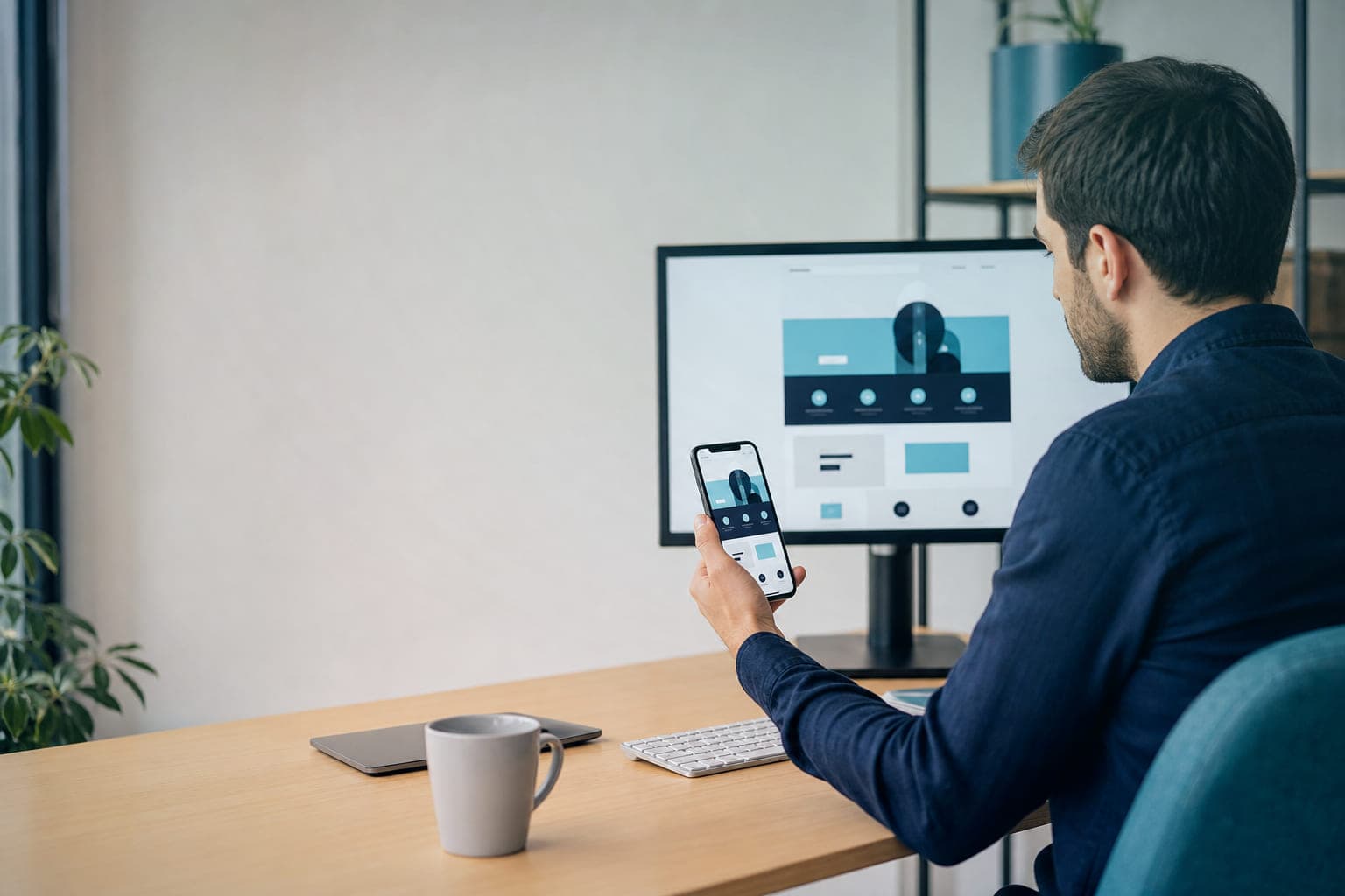 Un técnico compara la versión móvil y la de escritorio de una web sujetando el teléfono junto al monitor.