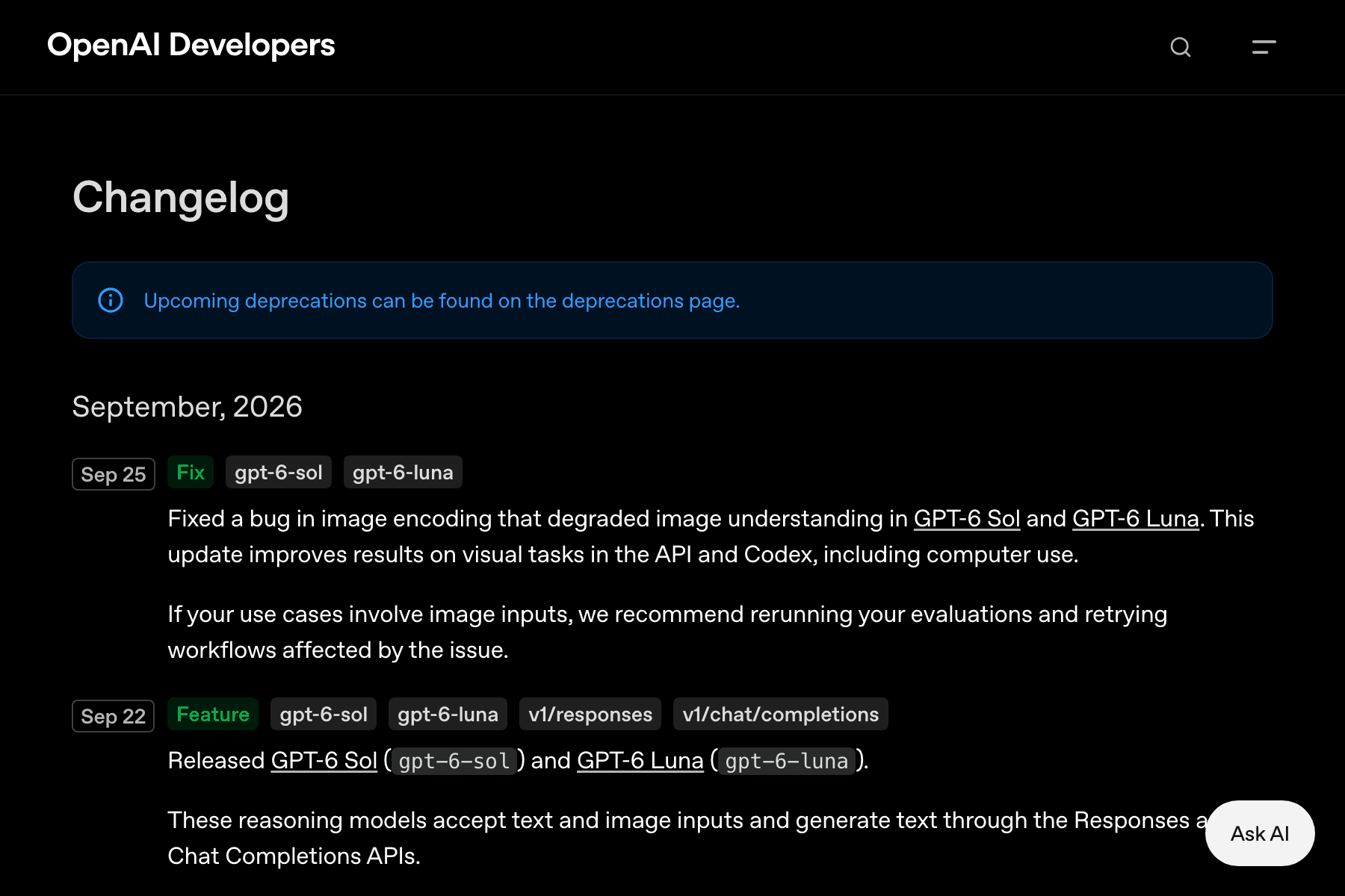 Captura del registro de cambios de la API de OpenAI sobre fondo negro, con el rótulo «OpenAI Developers» arriba, el título «Changelog», el epígrafe «September, 2026» y la entrada «Sep 25» etiquetada «Fix», «gpt-6-sol» y «gpt-6-luna» con sus dos párrafos, seguida del arranque de la entrada «Sep 22» etiquetada «Feature»