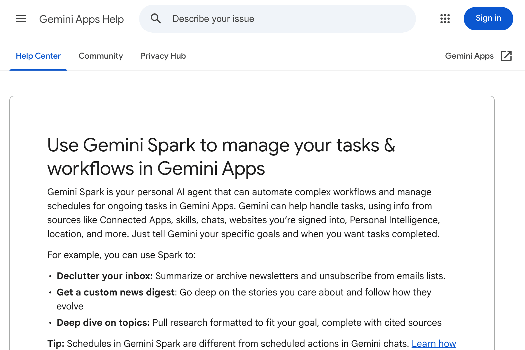 Captura de la ficha de ayuda de Google en inglés titulada «Use Gemini Spark to manage your tasks & workflows in Gemini Apps», con la descripción del agente personal y tres ejemplos de uso