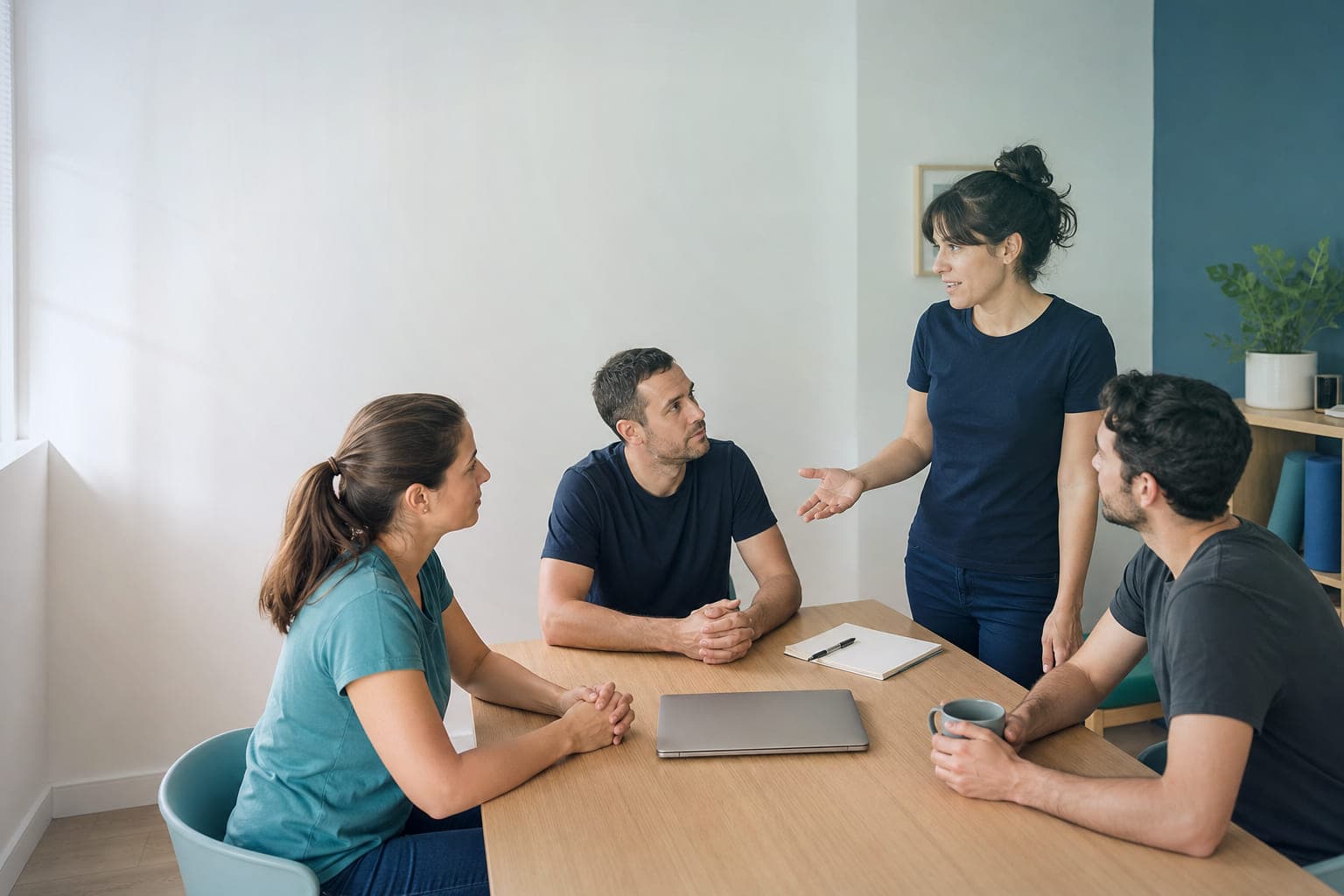 Una mujer con camiseta azul marino, de pie junto a una mesa de madera clara, habla con la mano abierta a tres compañeros sentados que la escuchan: una mujer con coleta y camiseta turquesa, un hombre con las manos entrelazadas y otro que sujeta una taza. Sobre la mesa, un portátil cerrado, una libreta con un bolígrafo; al fondo, una pared blanca, otra azul, una planta y una estantería con rulos de espuma.