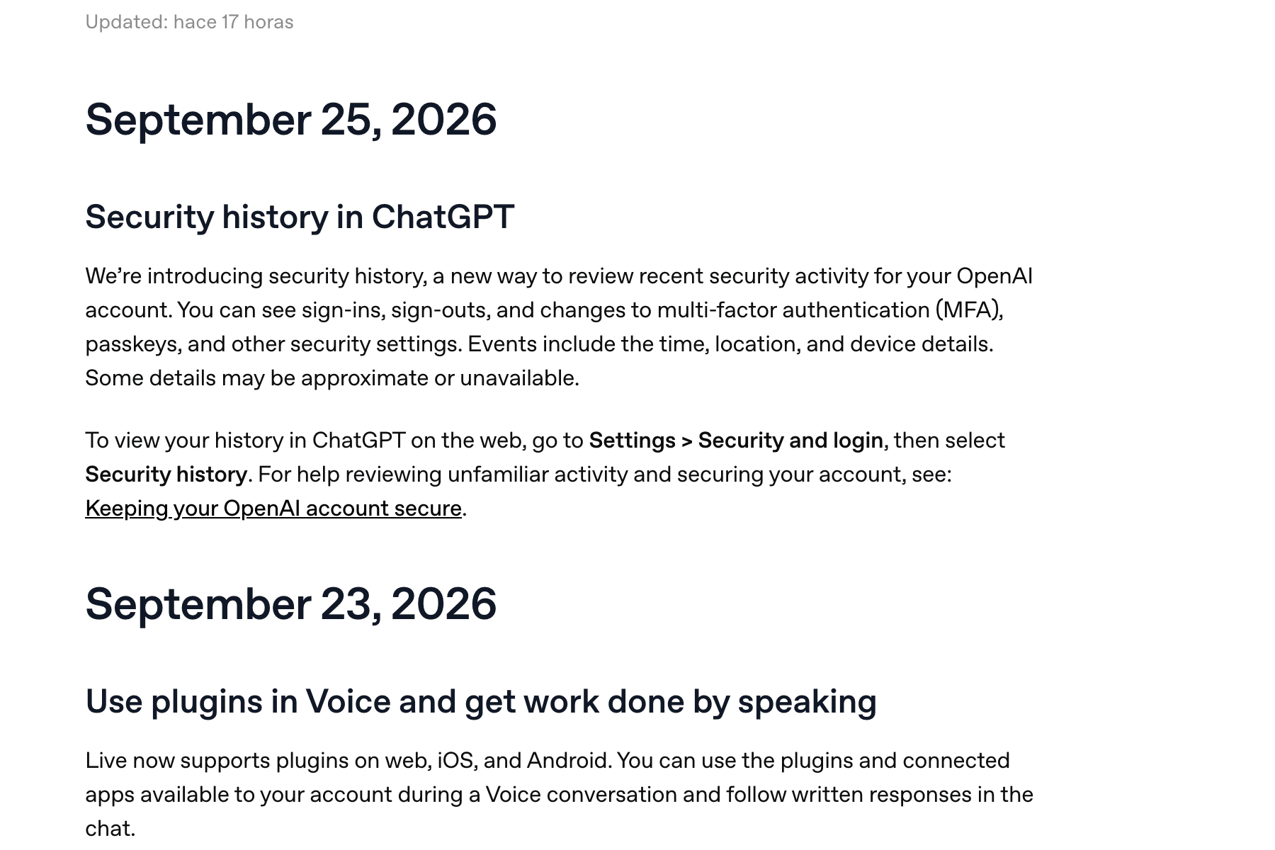 Captura de las notas de versión de ChatGPT en el Centro de Ayuda de OpenAI, con la marca «Updated: hace 17 horas» arriba, el epígrafe «September 25, 2026» y debajo el apartado «Security history in ChatGPT» con sus dos párrafos, seguido del arranque del epígrafe «September 23, 2026»