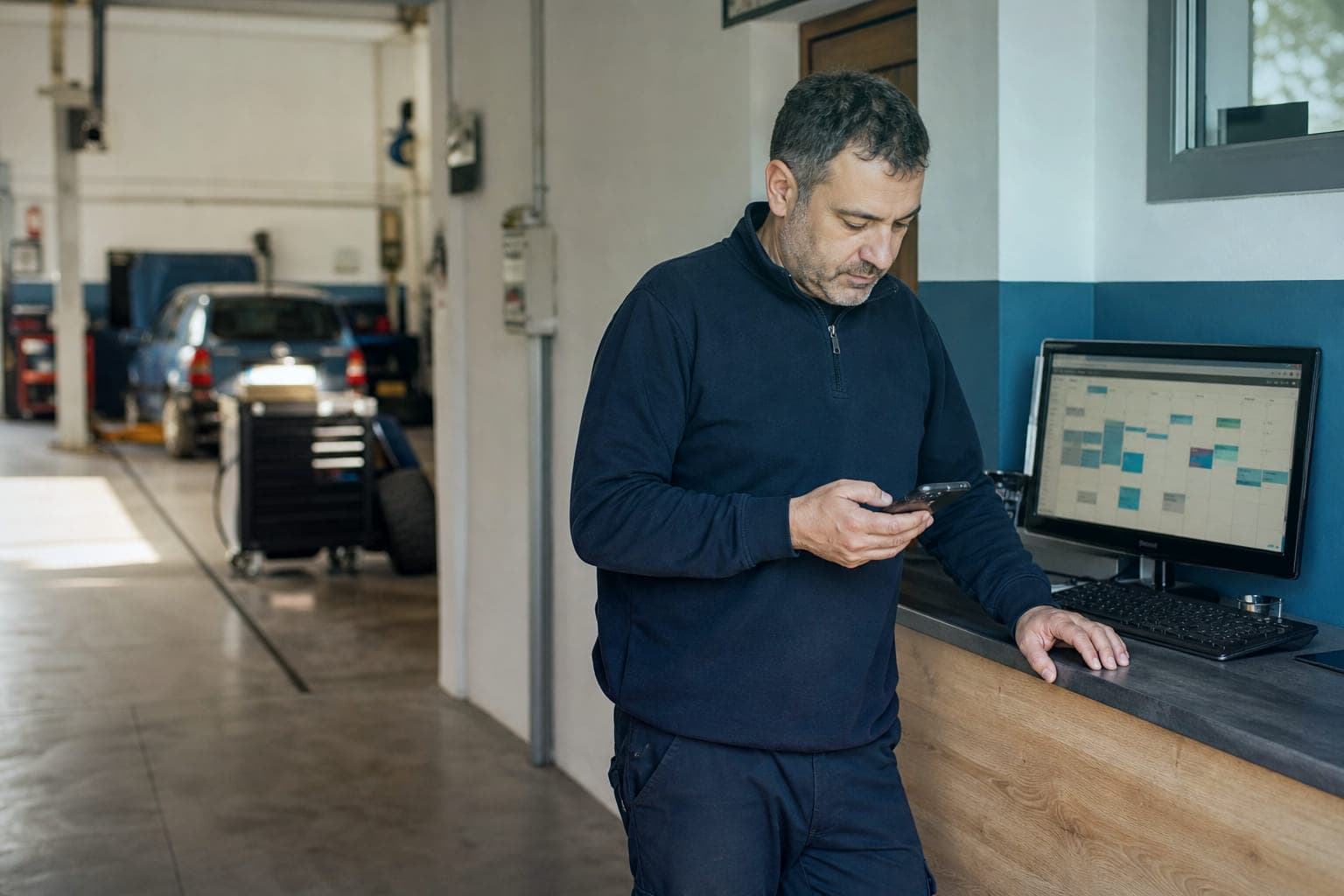 El jefe de taller consulta el móvil junto al mostrador mientras el ordenador muestra las citas del día.