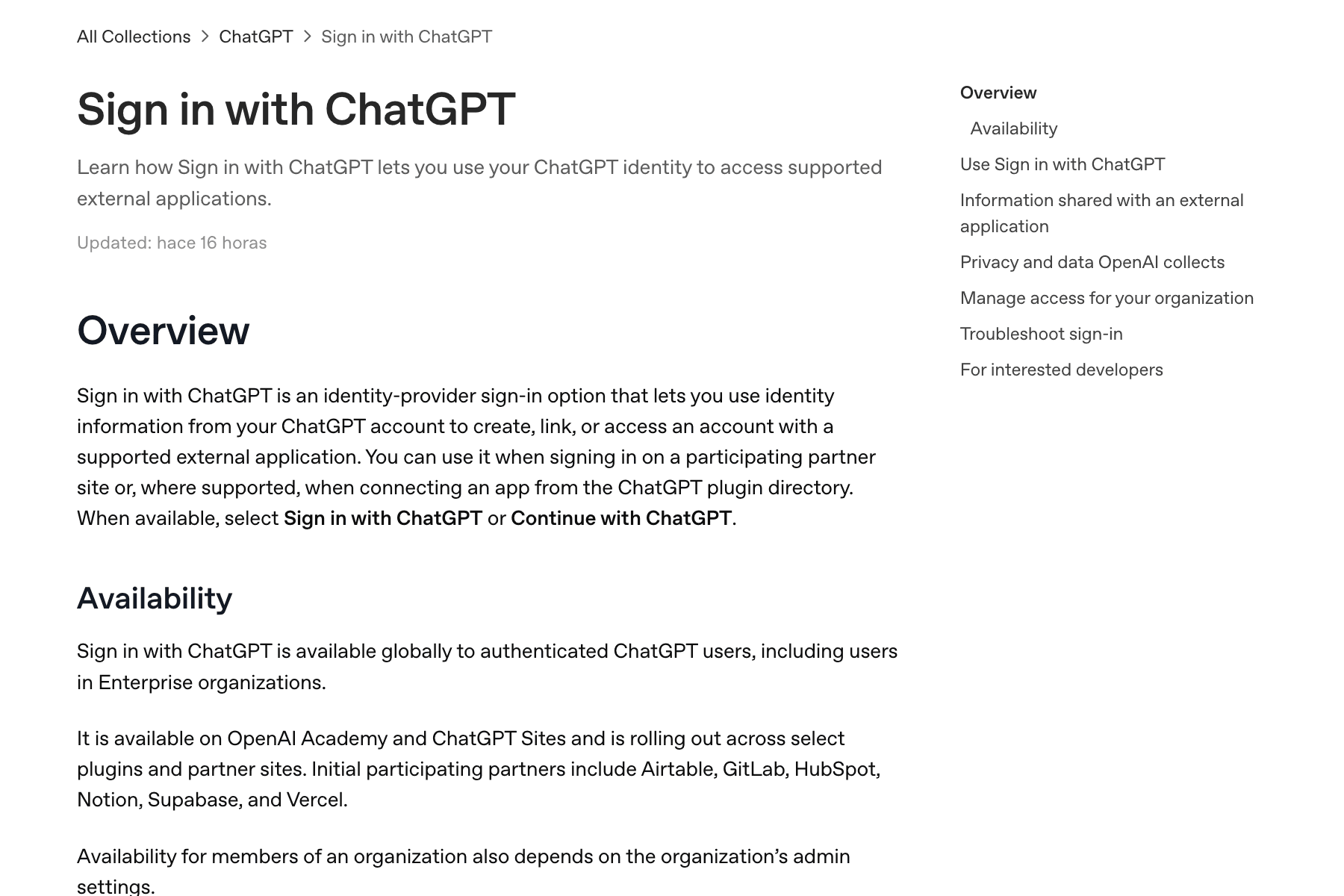Captura de la ficha «Sign in with ChatGPT» del Centro de Ayuda de OpenAI, con la ruta de navegación «All Collections › ChatGPT › Sign in with ChatGPT» arriba, el título, la marca «Updated: hace 16 horas», el apartado «Overview» y el apartado «Availability» con la lista de socios; a la derecha, el índice de la ficha con sus ocho apartados