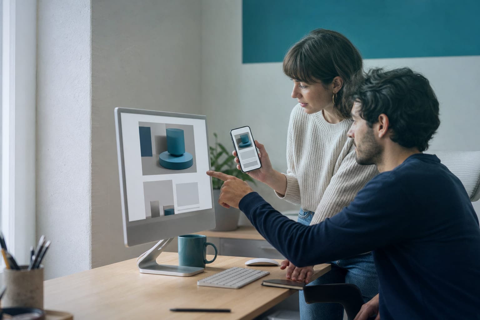 Dos personas comparan la versión de escritorio y la de móvil de una misma web.