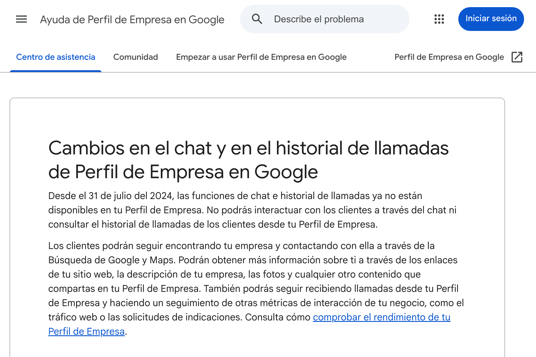 Captura de la página de ayuda de Google titulada «Cambios en el chat y en el historial de llamadas de Perfil de Empresa en Google», donde se lee que desde el 31 de julio del 2024 esas dos funciones ya no están disponibles