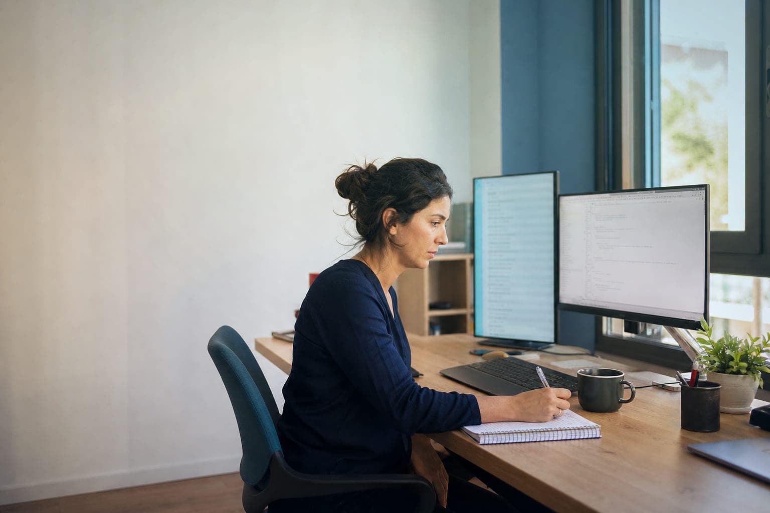 Una mujer sentada ante un escritorio junto a la ventana anota a mano en un cuaderno de espiral mientras mira dos monitores, uno con un listado y otro con código.