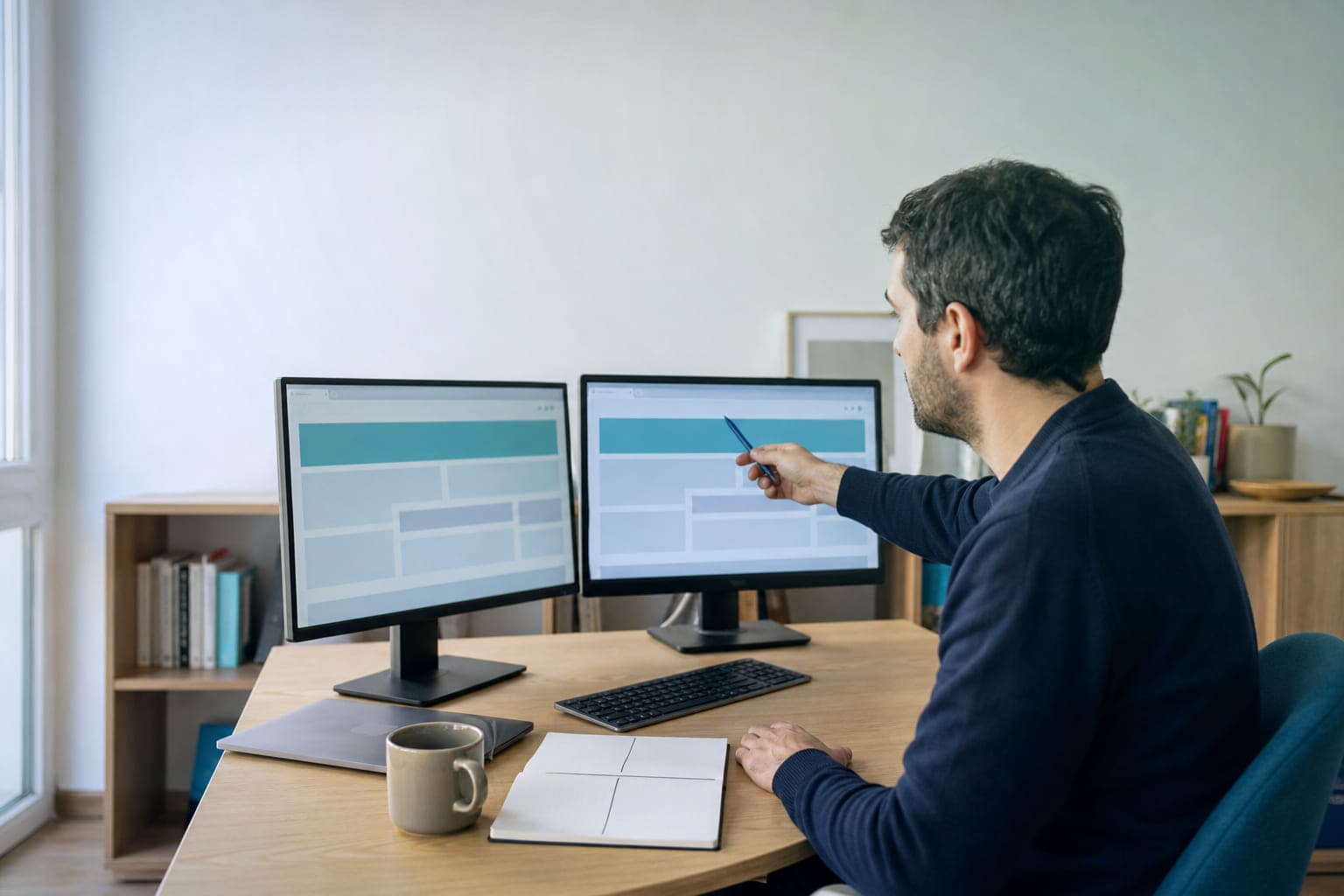 Un técnico señala con un bolígrafo la pantalla de la derecha de su escritorio, donde compara la misma página web abierta en sus dos monitores.