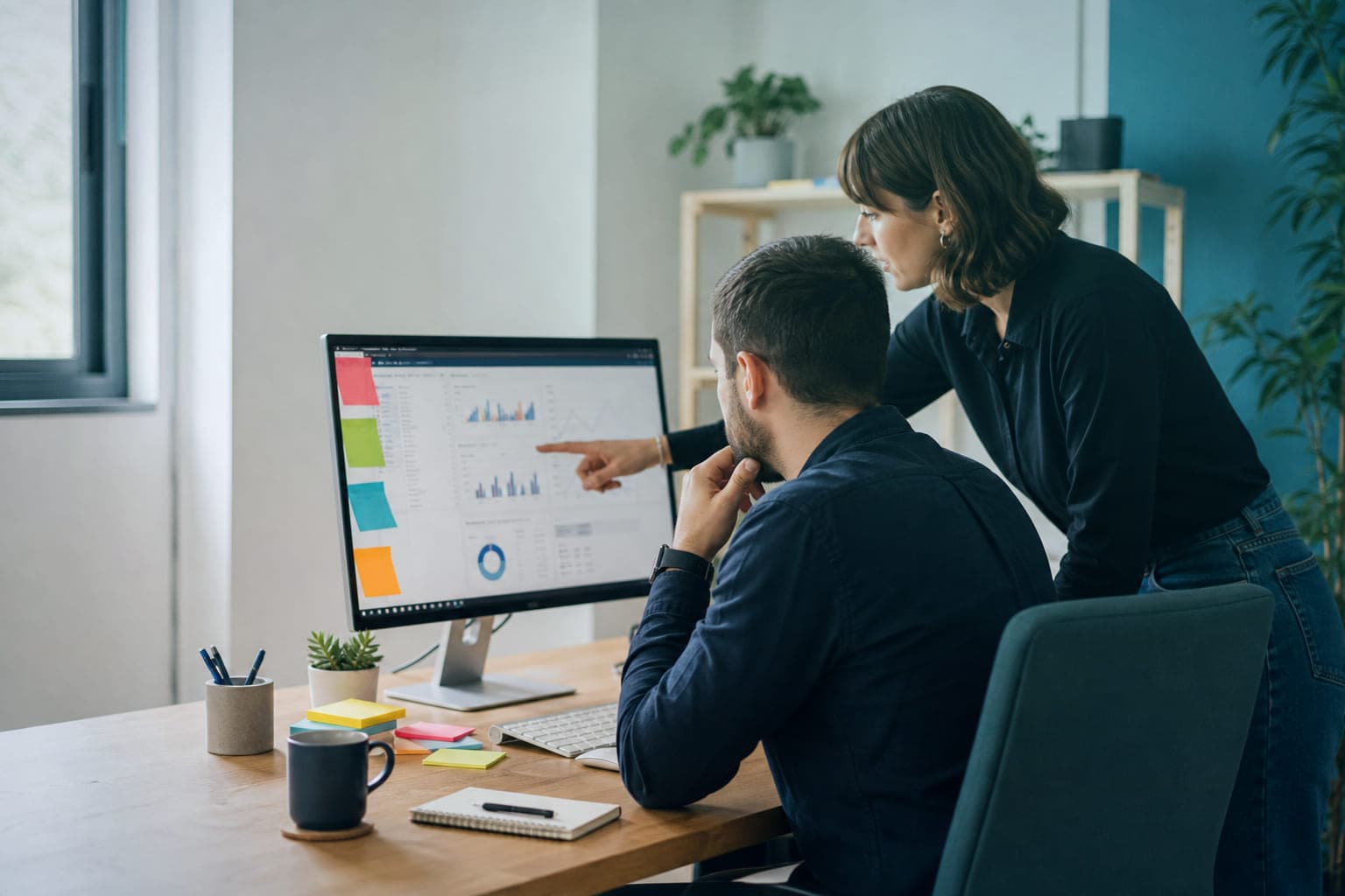 Dos personas revisan una web en un monitor grande y una señala un detalle de la pantalla.