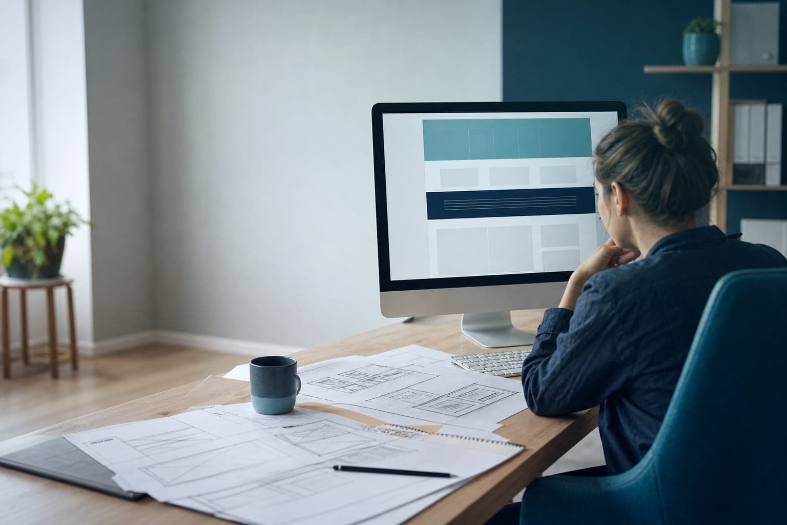 Una diseñadora revisa el diseño de una web en pantalla junto a sus bocetos a lápiz.