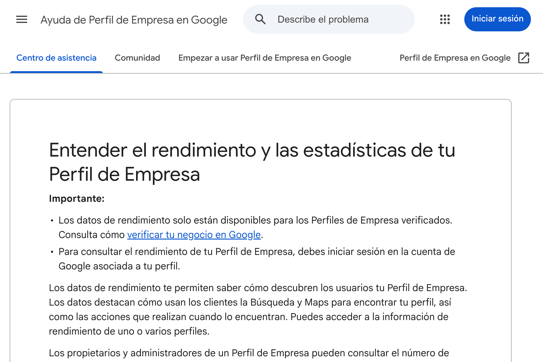 Captura de la página de ayuda de Google titulada «Entender el rendimiento y las estadísticas de tu Perfil de Empresa», con el aviso de que los datos solo están disponibles para los perfiles verificados