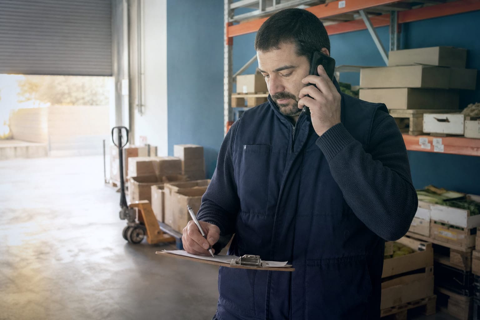 El encargado de un almacén de distribución atiende el móvil con una mano y anota en una tablilla con la otra, entre estanterías con cajas de verdura y la persiana del muelle de carga abierta.