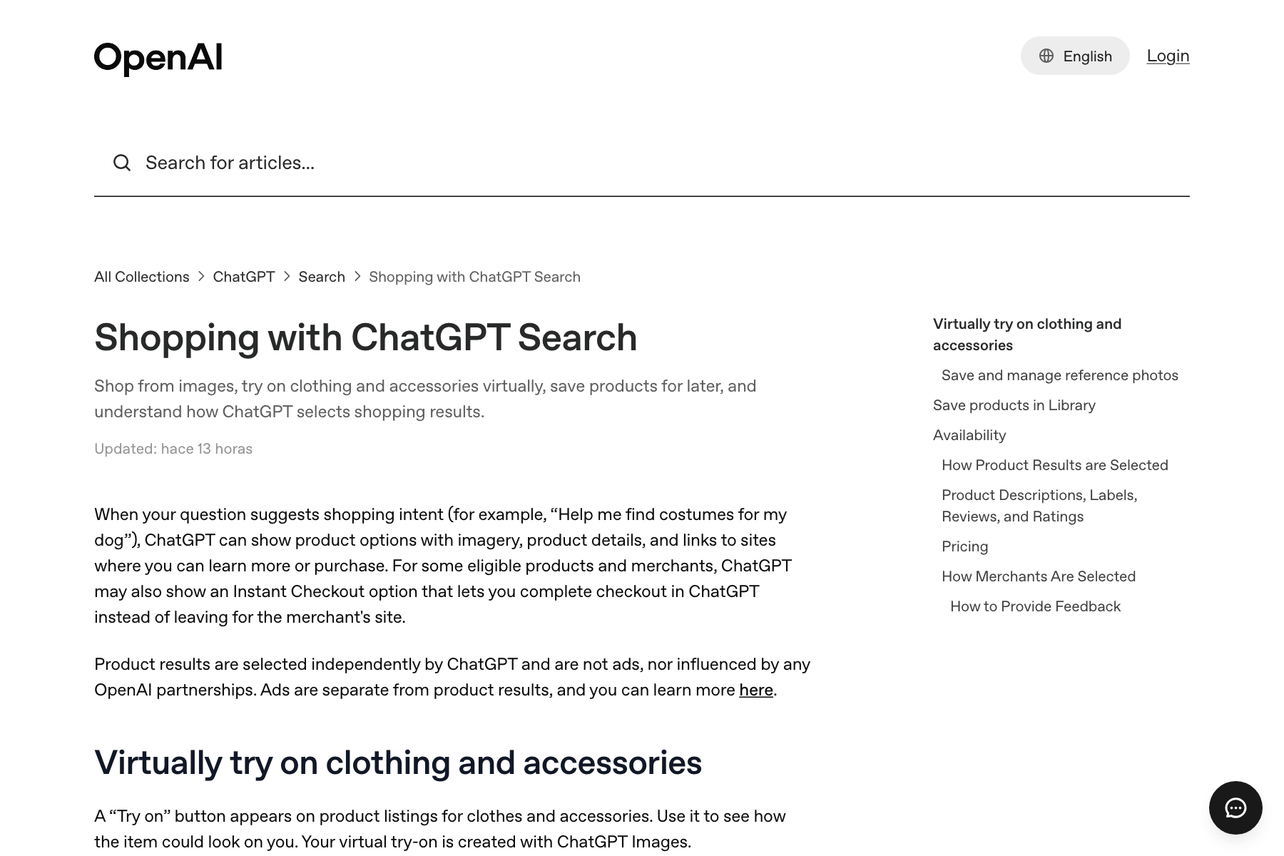 Captura de la ficha «Shopping with ChatGPT Search» del Centro de Ayuda de OpenAI, con la ruta de navegación «All Collections › ChatGPT › Search» arriba, el titular, la marca «Updated: hace 13 horas», el párrafo que dice que los resultados de producto no son anuncios y el comienzo del apartado «Virtually try on clothing and accessories»; a la derecha, el índice de la ficha con sus ocho apartados
