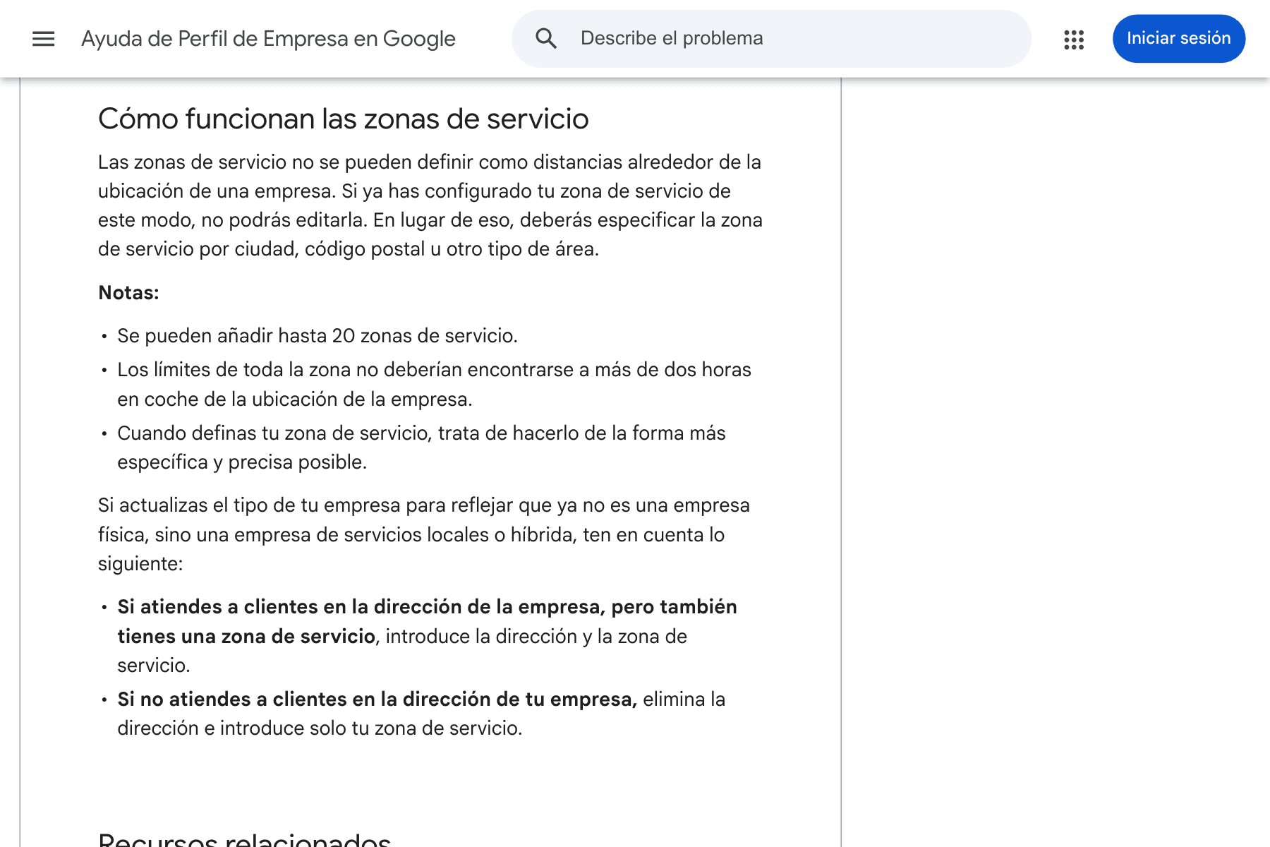 Sección «Cómo funcionan las zonas de servicio» de la ayuda de Perfil de Empresa en Google, con las notas de que se pueden añadir hasta 20 zonas de servicio y de que los límites no deberían encontrarse a más de dos horas en coche de la ubicación de la empresa