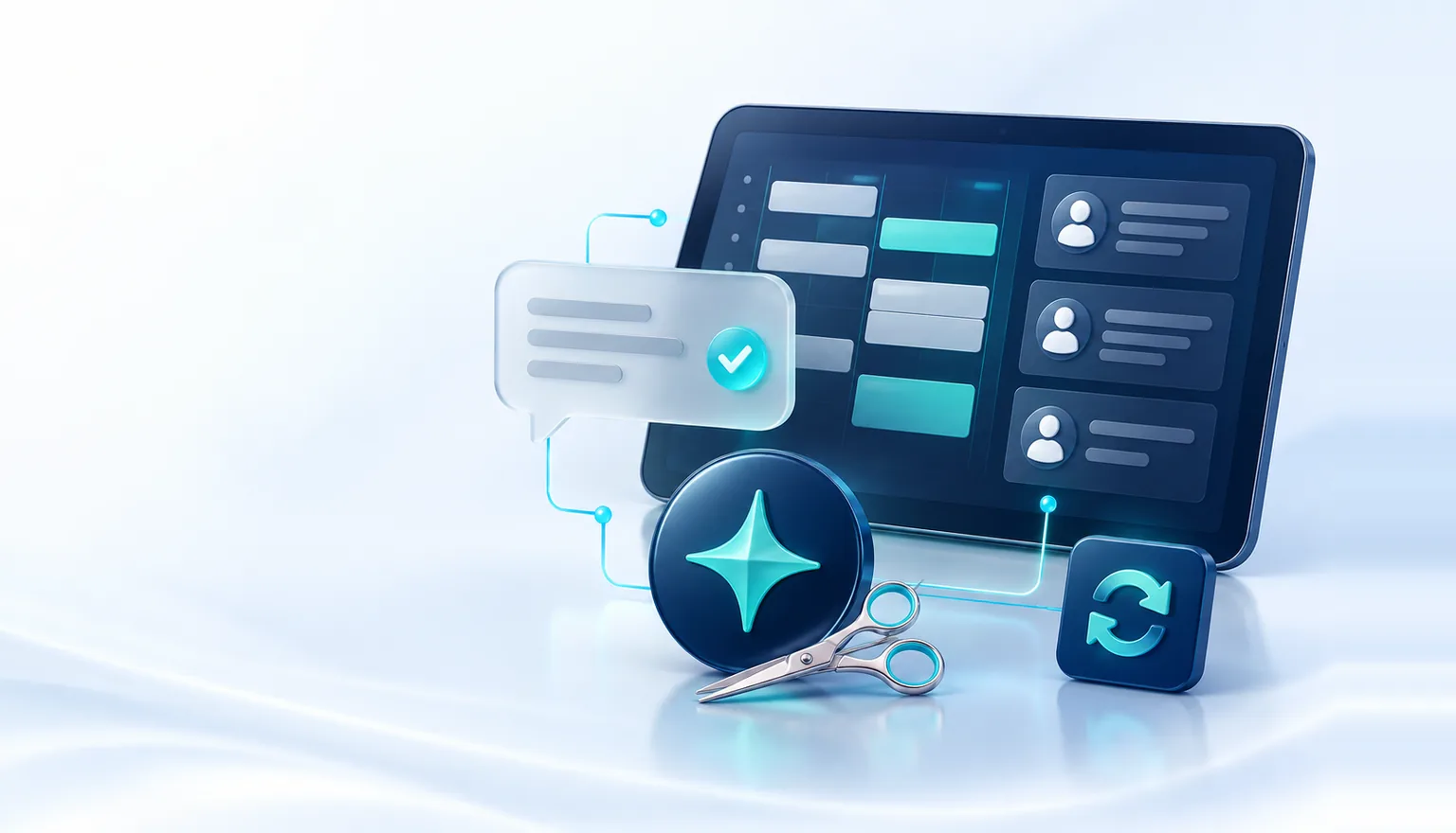 Una tablet con un tablero de citas y tres fichas de clientas, conectada por líneas luminosas a un mensaje confirmado, a un destello dentro de un círculo navy con unas tijeras delante y a un icono de cambio de cita.