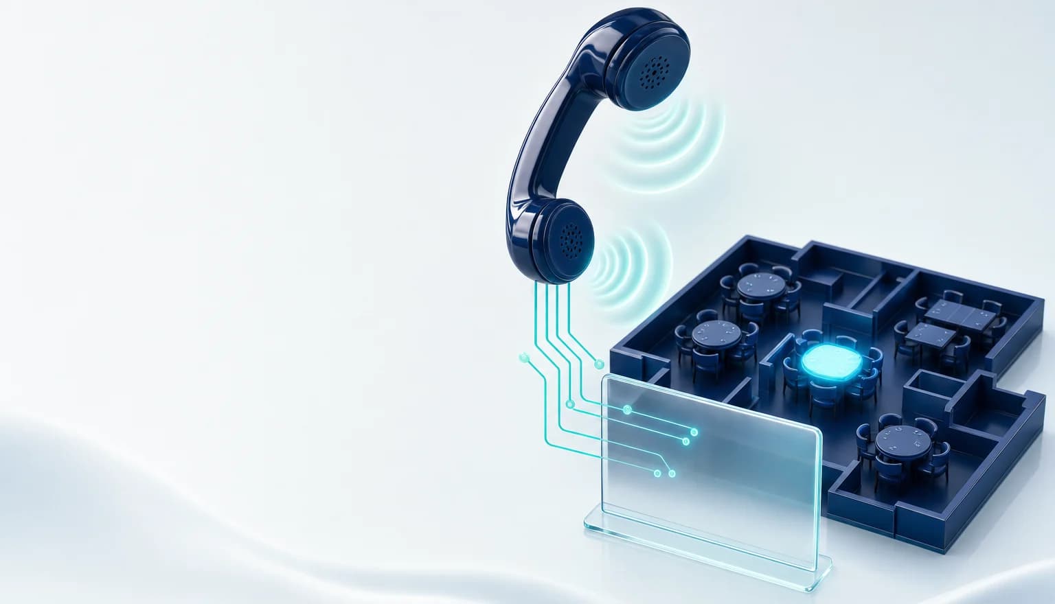 Un auricular de teléfono con ondas de sonido turquesa conectado por líneas luminosas a una tarjeta de reserva y al plano de una sala con una mesa marcada, sobre un fondo claro.