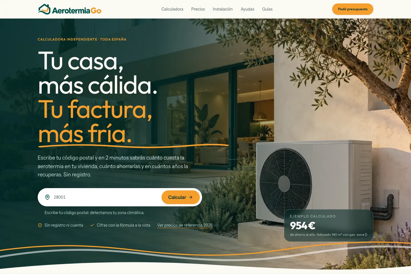 Calculadora de aerotermia de Aerotermia Go en su versión de escritorio