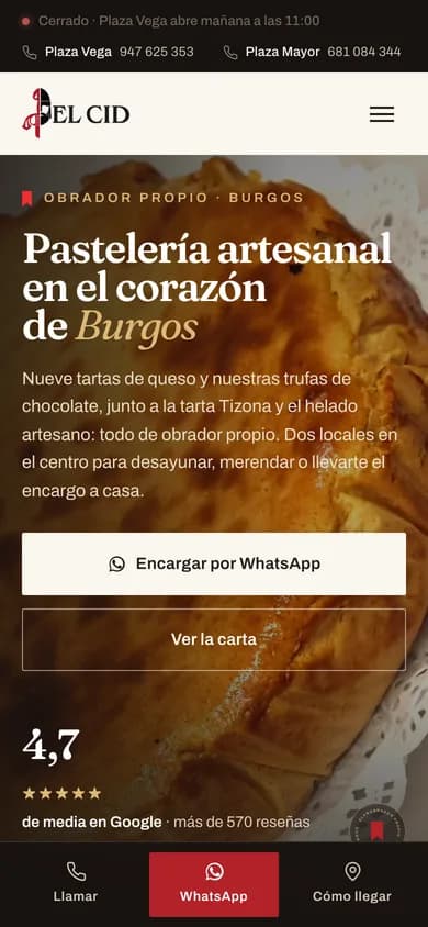 Web responsive de El Cid Delicatessen en un teléfono móvil