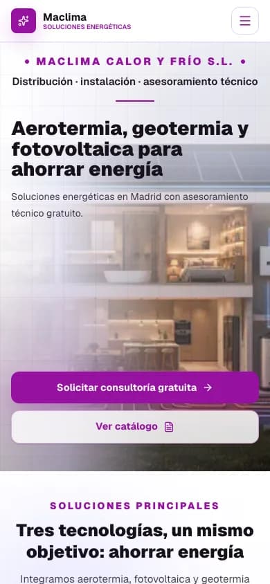 Web responsive de Maclima Soluciones Energéticas en un teléfono móvil