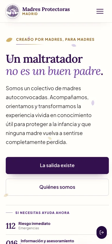 Web responsive de Madres Protectoras en un teléfono móvil