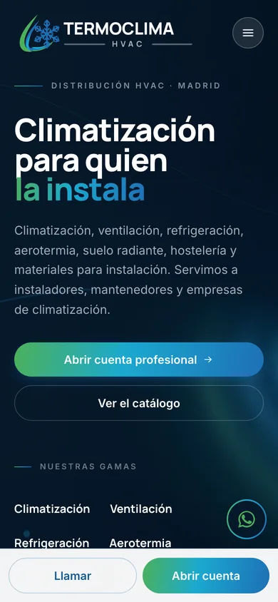 Web responsive de Termoclima HVAC en un teléfono móvil
