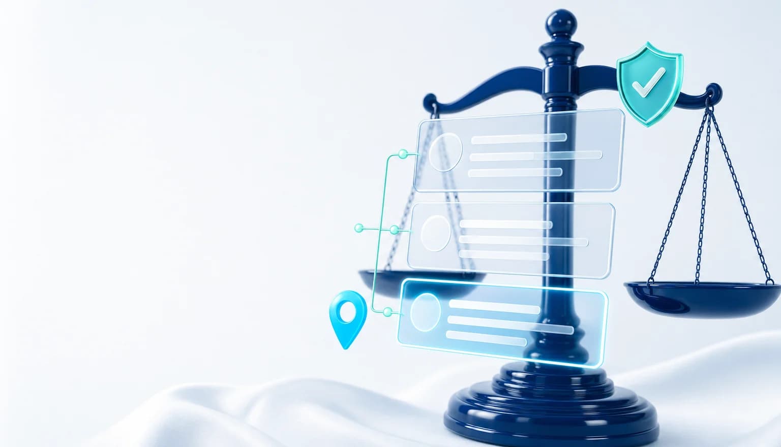Una balanza de la justicia junto a tres resultados de búsqueda conectados por líneas; el elegido lleva un pin de ubicación y un escudo con una marca de verificación.
